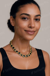 Vintage Style Black & Gold Geometric Female Jewelry Set - Necklace, bracelet & Earrings